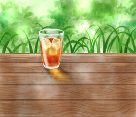 Barley tea placed on the porch drawn with digital watercolor