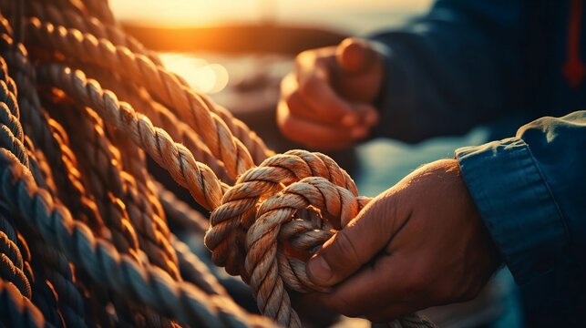 Close-up photograph highlights skilled hands knot-tying