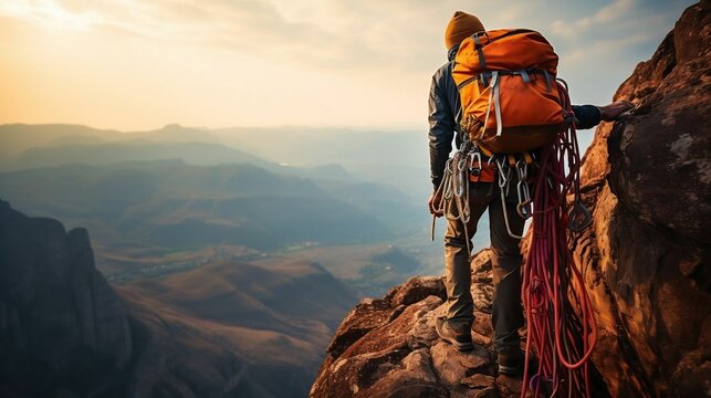 Artistic image showcases rock climber securing harness