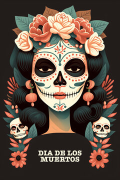 Generative AI. woman with sugar skull makeup - Calavera Catrina. Dia de los muertos. Girl with makeup - sugar skull with rose flowers