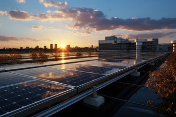 Fototapeta premium photovoltaic solar panel The concept of renewable energy Generate clean environmentally friendly electricity at sunset.