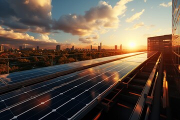Obraz premium photovoltaic solar panel The concept of renewable energy Generate clean environmentally friendly electricity at sunset.
