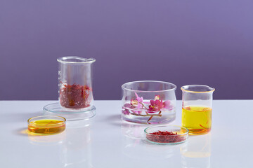 Purple flowers, saffron and yellow liquid contained inside some laboratory glassware on purple background. Saffron may improve mood and treat depressive symptoms