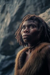 Fototapeta na wymiar portrait of a cavewoman, cave woman, female neanderthal with black skin, african homo hablis