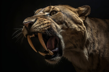 sabertooth tiger smilodon, lived 42 million years ago - extint 11,000 years ago, saber tooth - obrazy, fototapety, plakaty