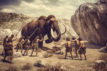 group of neanderthal cavemen hunting a mammoth, stone age humans - obrazy, fototapety, plakaty