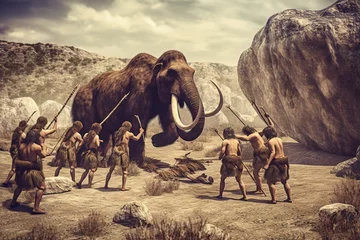 Fotobehang group of neanderthal cavemen hunting a mammoth, stone age humans © Alan