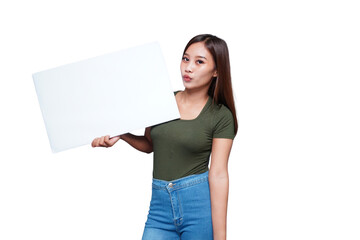 Beautiful Asian woman holding an empty board and smiling