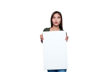 Beautiful Asian woman holding an empty board and smiling
