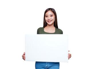 Fototapeta premium Beautiful Asian woman holding an empty board and smiling
