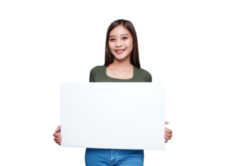 Beautiful Asian woman holding an empty board and smiling
