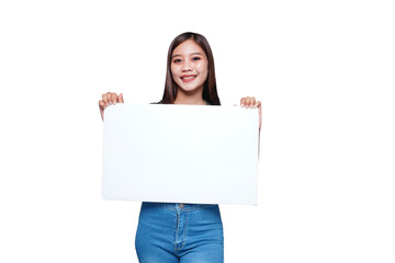 Beautiful Asian woman holding an empty board and smiling