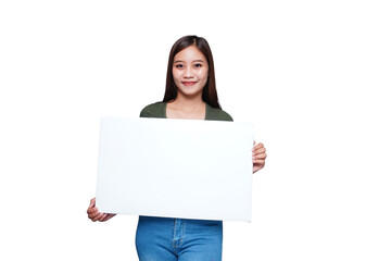 Beautiful Asian woman holding an empty board and smiling