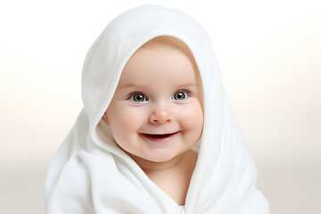 Portrait close-up cute baby under towel lying or sitting on bed after bath time isolated on white background