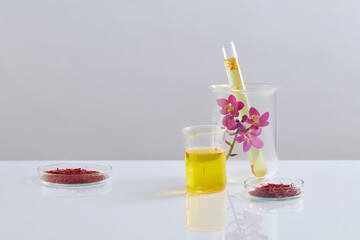 Glass petri dishes of saffron displayed with a beaker and test tube filled with liquid. Few Crocus flowers featured. Empty area for cosmetic product presentation