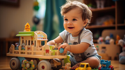 Baby boy playing with educational toy in nursery. Adorable toddler boy playing with educational wooden toy at home, smiling, sitting on carpet - obrazy, fototapety, plakaty