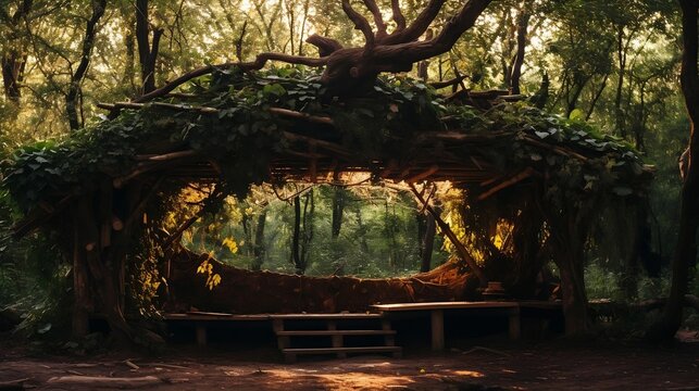 Rustic photograph captures shelter made of branches