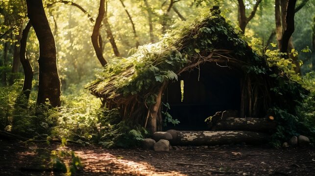 Rustic photograph captures shelter made of branches - Powered by Adobe