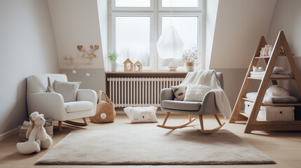 Baby room in Scandinavian style with rocking horse, white cot