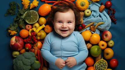 Fototapeta na wymiar Baby surrounded with fruits and vegetables on blue blanket, healthy child nutrition, top view