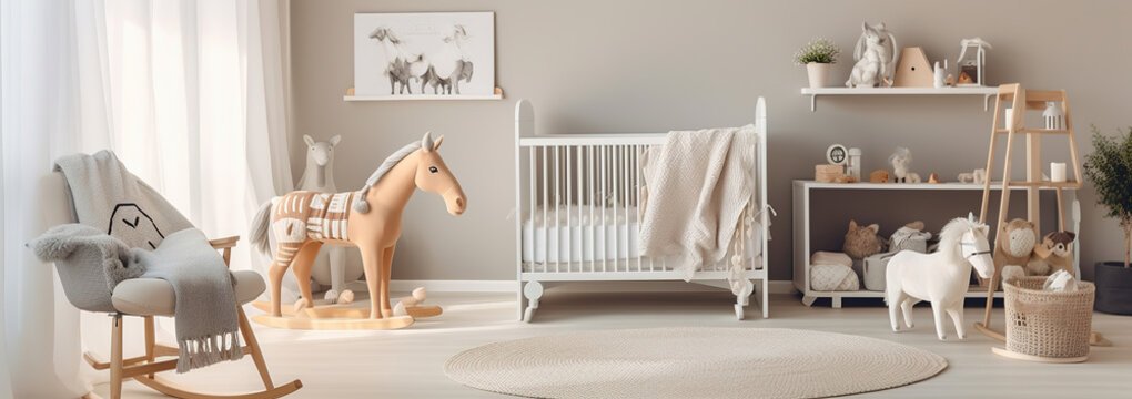 Baby room in Scandinavian style with rocking horse, white cot