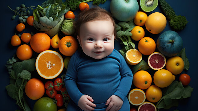 Baby surrounded with fruits and vegetables on blue blanket, healthy child nutrition, top view