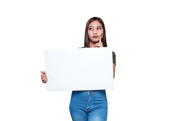 Beautiful Asian woman holding an empty board and thinking something