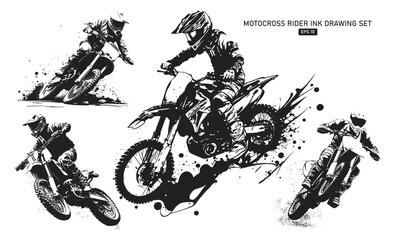 Set of motocross rider overcoming obstacles, black and white composition vector illustration