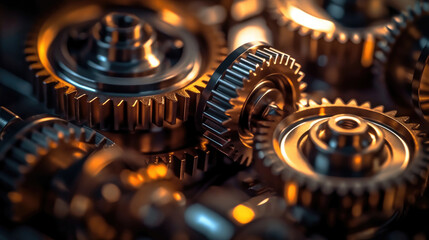 Close-up of metallic gears and auto parts. A stunning macro photograph of automotive gears, showcasing their metallic texture and precision, artfully lit with dramatic contrasting lights
