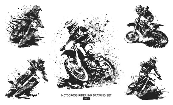 Set of motocross rider overcoming obstacles, black and white vector illustration