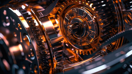 Close-up of metallic gears and auto parts. A stunning macro photograph of automotive gears, showcasing their metallic texture and precision, artfully lit with dramatic contrasting lights