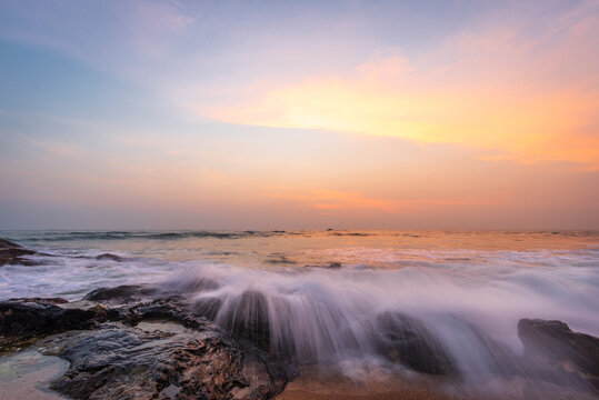 A long exposure image of waves on the stones near Galle town in Sri Lanka