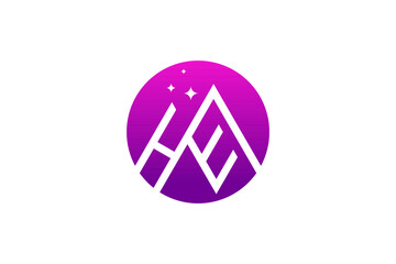 Fairy tale night mountain dream logo design abstract icon symbol H E initial letter 
