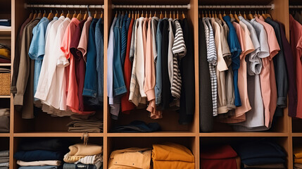 A collection of men's and women's clothes fills the wardrobe.