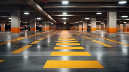 Fototapeta A closed underground parking lot showcases modern cars, and the scene is enhanced by yellow markings. obraz