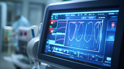 A control monitor is present in the hospital theater room to monitor the heart rate and patient condition during a surgical operation.