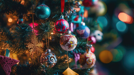 A close-up of the dazzling Christmas tree ornaments, each one reflecting the soft glow of fairy lights, while colorful stockings hang nearby. A Christmas tree with a star and red ornaments