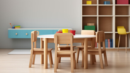 A spacious kindergarten room is furnished with small tables and chairs for the children. The kindergarten features various children's tables with chairs.