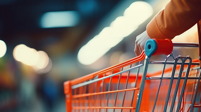 In this close-up image, a woman's hand is pushing a shopping cart as she does grocery shopping at the supermarket.