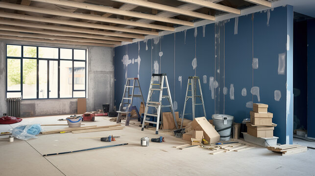 The interior of a house being constructed, with an ongoing apartment renovation.