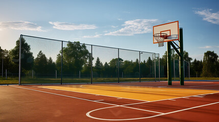 Outdoors mini football and basketball court with ball gate and basket surrounded with high protective fence. - obrazy, fototapety, plakaty