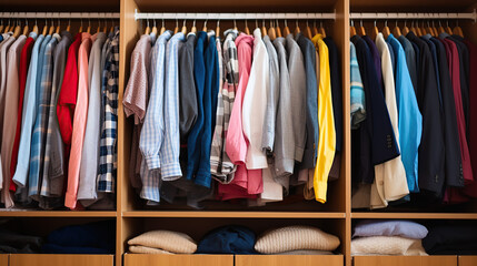 A collection of men's and women's clothes fills the wardrobe.
