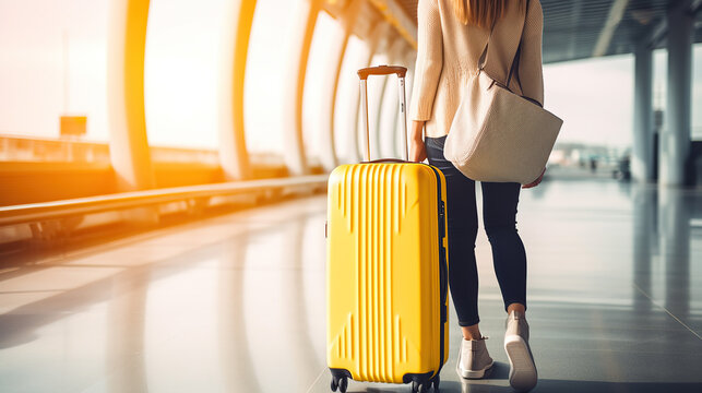 At the airport, a young woman is seen pulling luggage.