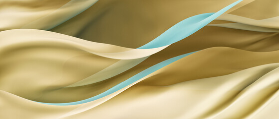 Yellow and blue veil flowing in air close-up. Wiggly folds of curtain.