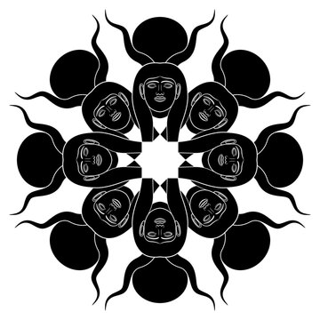 recommend clip art: Round star shape ethnic mandala with heads of ancient Egyptian goddess Hathor with animal horns and solar disks. Black and white silhouette.