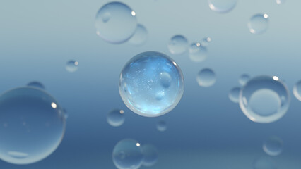 3D cosmetic rendering Blue Bubbles of serum on a blurry background. Design of collagen bubbles. Essentials of Moisturizing and Serum Concept. Vitamin for beauty and health concept. 