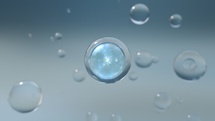 3D rendering Cosmetics Blue Serum bubbles on defocus background. Collagen bubbles Design. Moisturizing Essentials and Serum Concept. Vitamin for health care and beauty concept. 