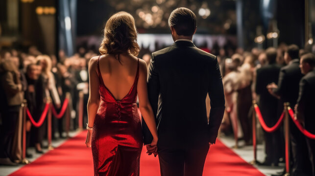 The back view of a glamorous woman and her dapper husband, elegantly making their way down the red carpet at a movie premiere