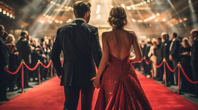 The back view of a glamorous woman and her dapper husband, elegantly making their way down the red carpet at a movie premiere