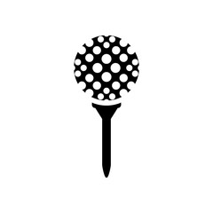 High-quality Golf Ball on Tee Icon in black silhouette vector illustration. Perfect for golf-related projects and sports themes. Detailed design, isolated on white.